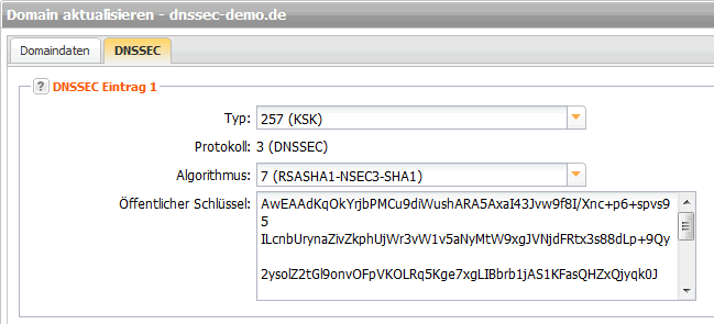 DNSSEC-Einstellungen für eine Domain in AutoDNS3