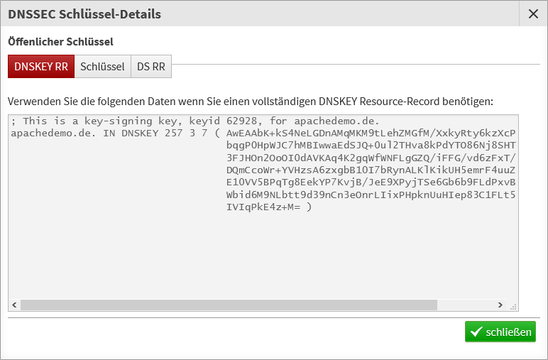 Anzeige des DNSSEC Public Key für eine Domain